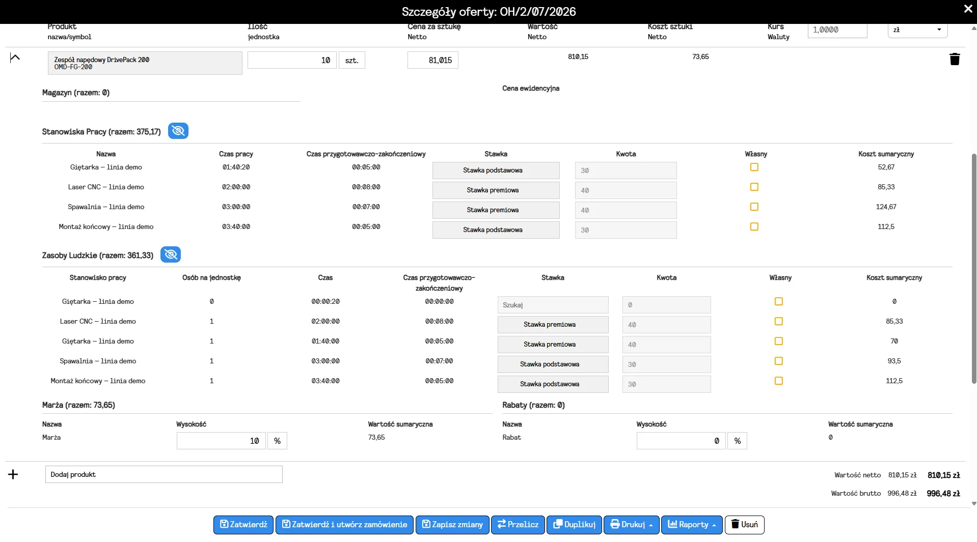 Widok systemu CRM Optimakers z kalkulacją kosztu zlecenia, ofertą, ceną sprzedaży i planowaną marżą.