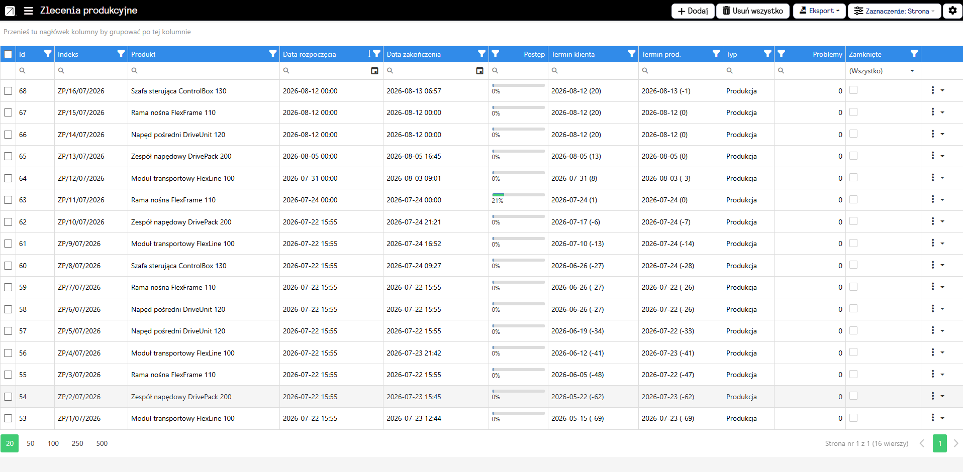 Lista zleceń produkcyjnych w systemie OptiMES z postępem i statusami.