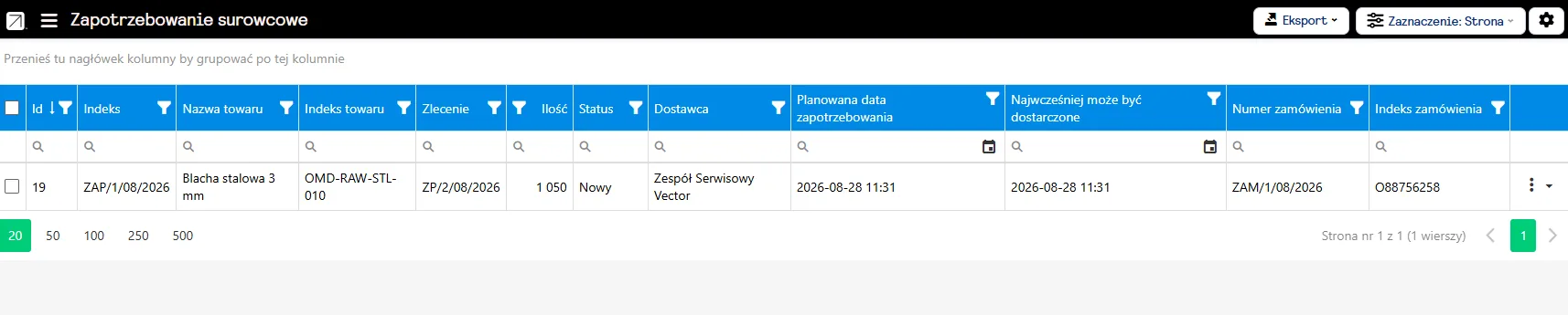 Widok listy zapotrzebowania surowcowego w systemie Optimakers