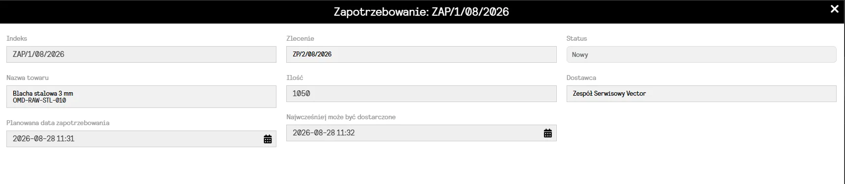 Szczegóły zapotrzebowania surowcowego w systemie Optimakers
