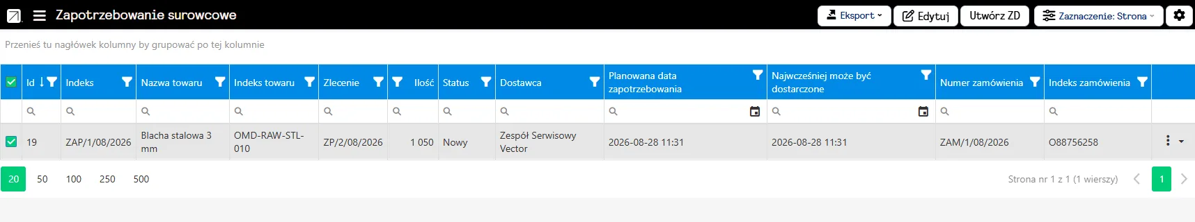 Tworzenie zamówienia do dostawcy na podstawie zapotrzebowania